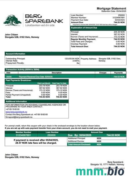 Norwegia Berg Sparebank wyciąg z kredytu hipotecznego szablon Word i PDF